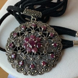 VINTAGE RUBIES & MARCASITE LARGE PENDANT NECKLACE